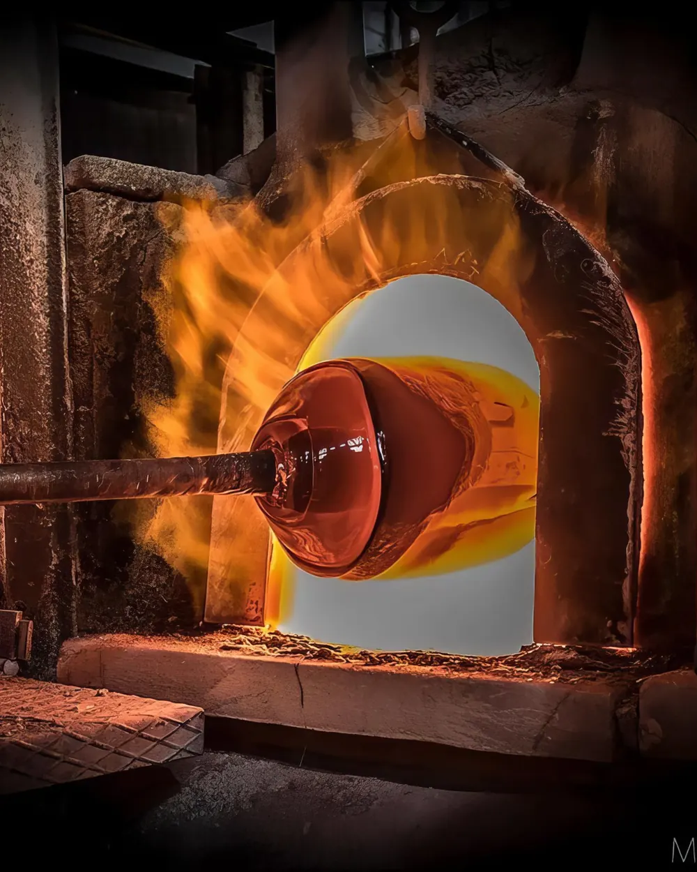 Il vetro incandescente estratto dal forno